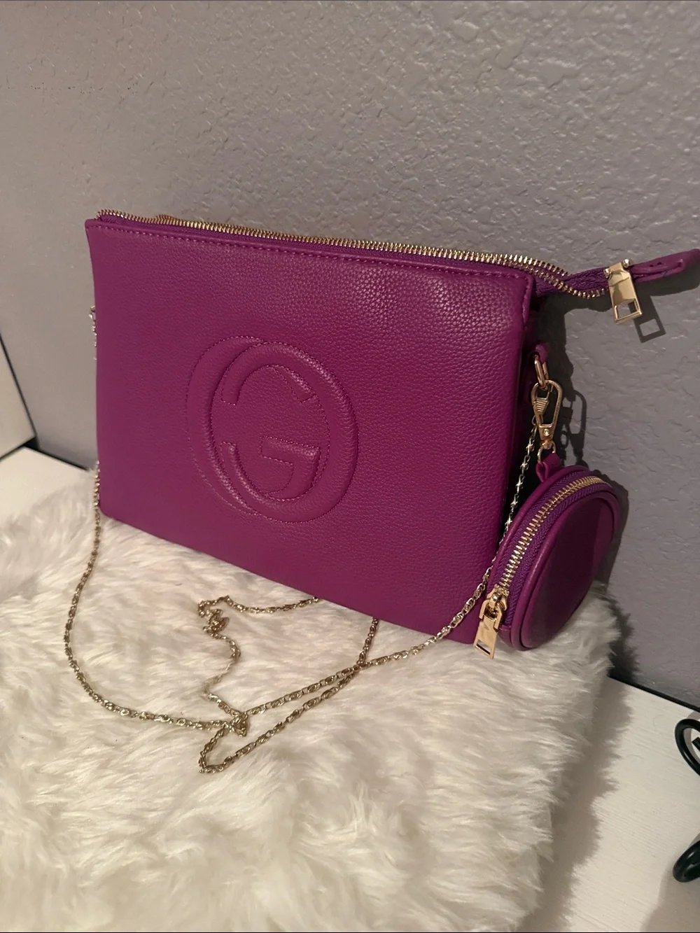 Purple Pebbled Leatherette Crossbody with Gold Chain Strap